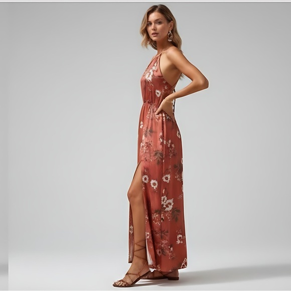 Redwood Floral Print Crisscross Backless Split Thigh Halter Dress - Picture 3 of 8
